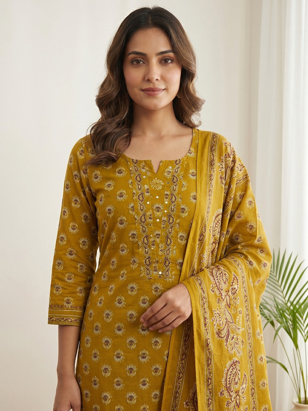 Yellow Printed Cotton Blend Kurta With Pant &amp; Dupatta