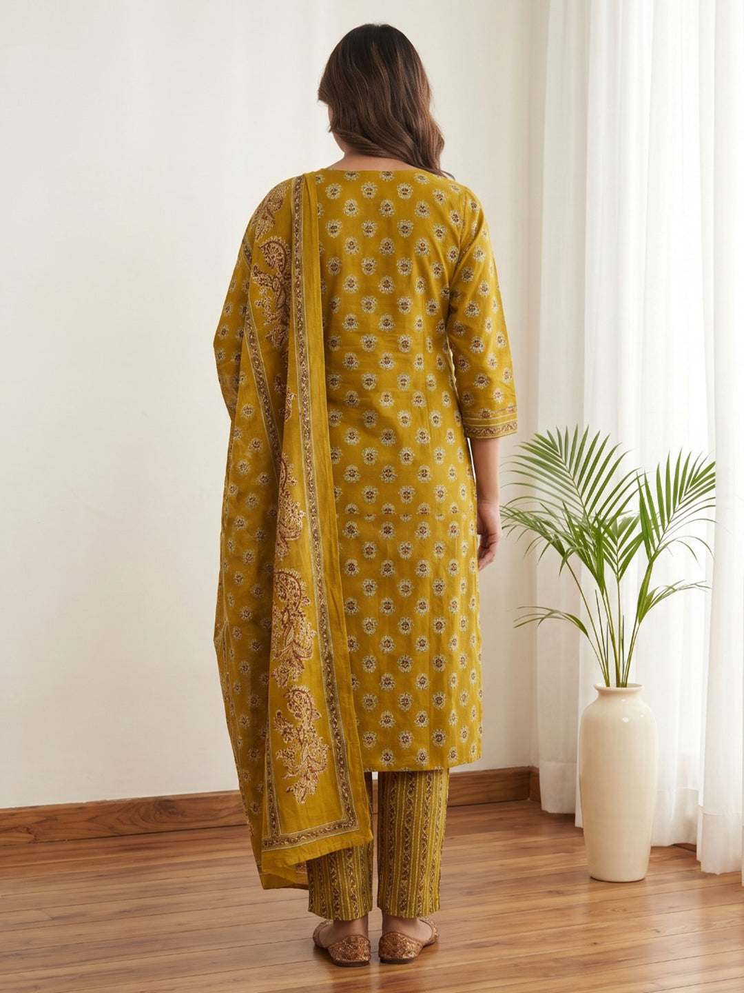 Yellow Printed Cotton Blend Kurta With Pant &amp; Dupatta