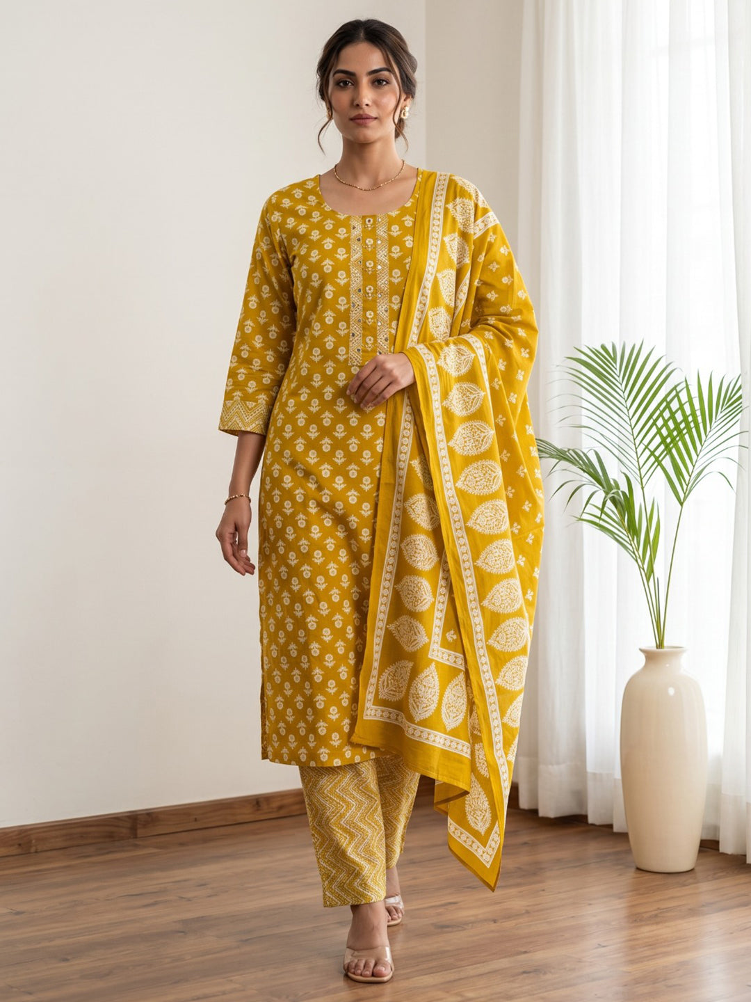 Mustard Printed Cotton Blend Kurta With Pant &amp; Dupatta