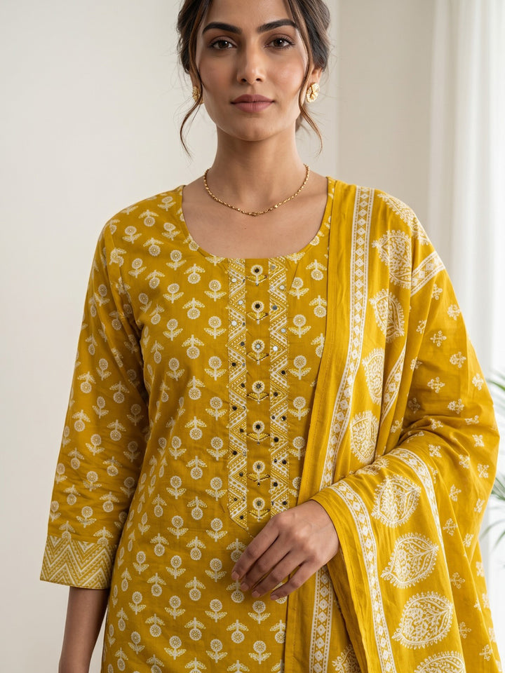 Mustard Printed Cotton Blend Kurta With Pant &amp; Dupatta