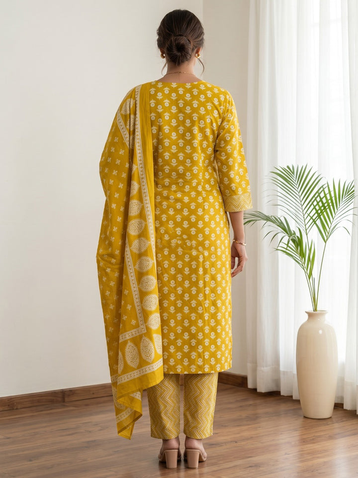Mustard Printed Cotton Blend Kurta With Pant &amp; Dupatta