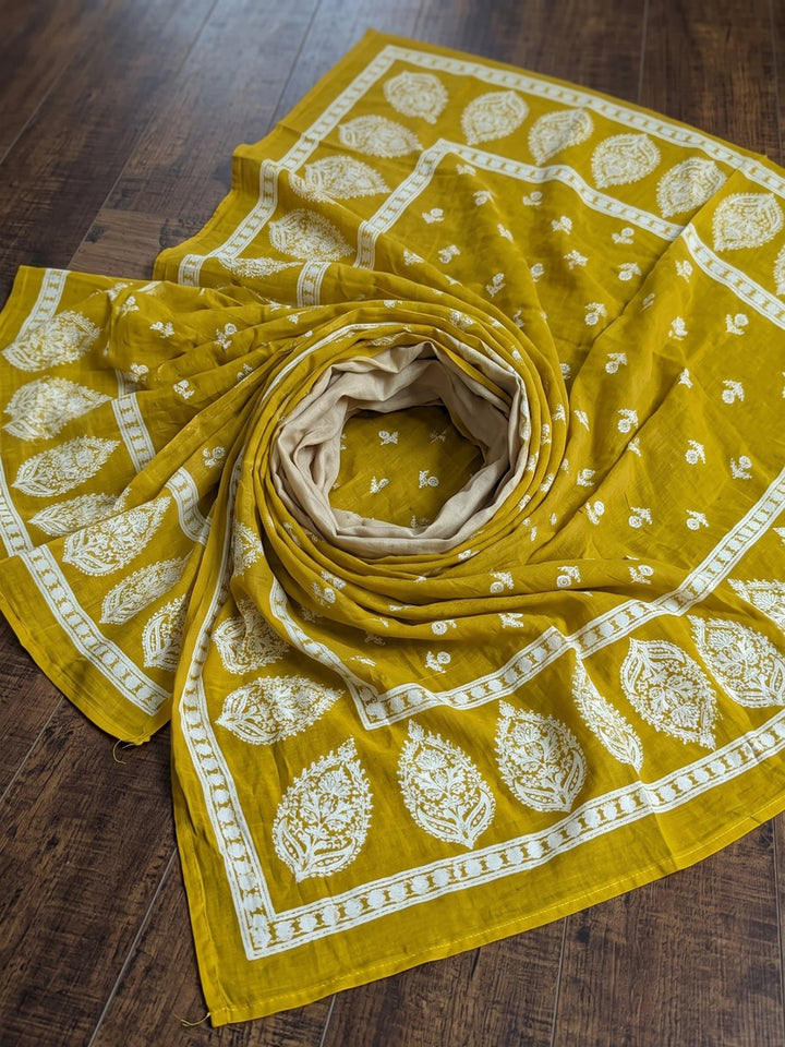 Mustard Printed Cotton Blend Kurta With Pant &amp; Dupatta
