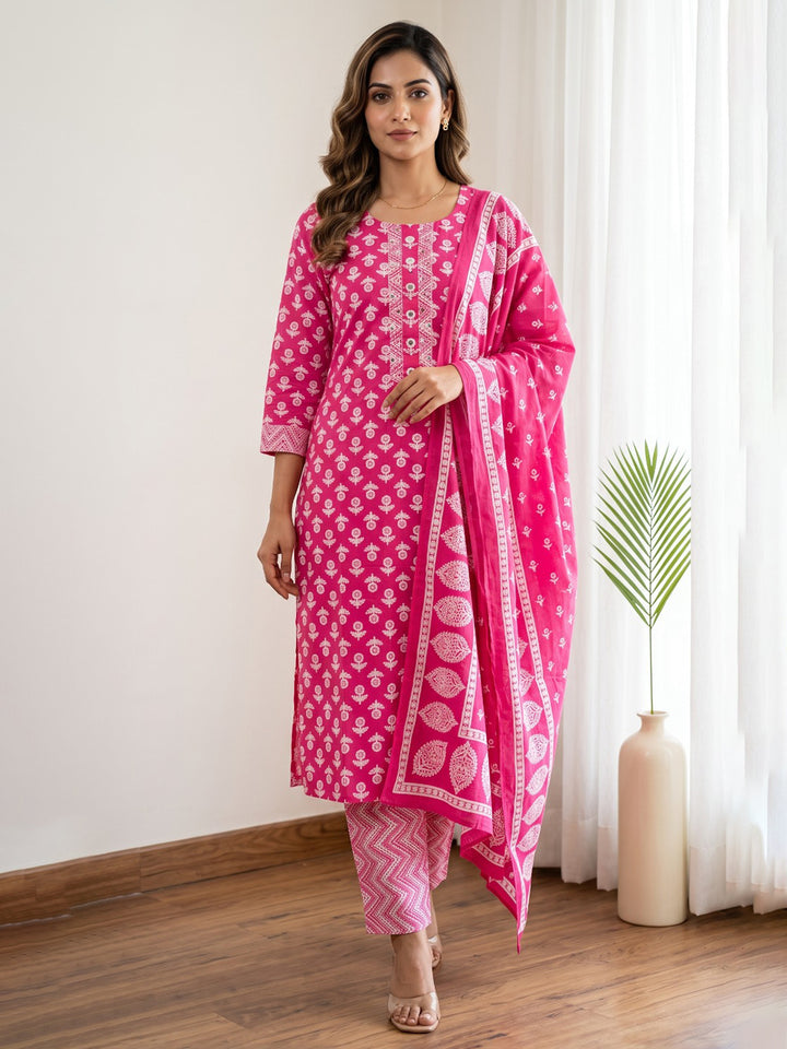 Pink Printed Cotton Blend Kurta With Pant &amp; Dupatta