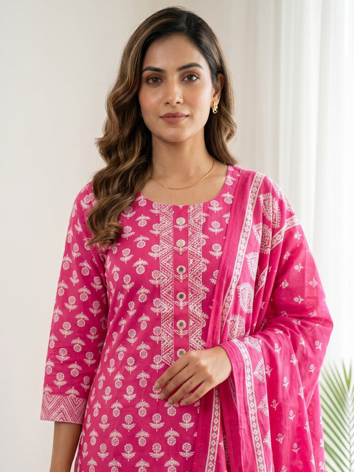 Pink Printed Cotton Blend Kurta With Pant &amp; Dupatta