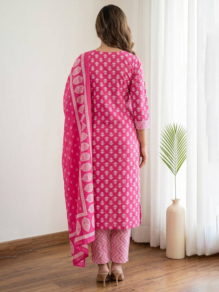 Pink Printed Cotton Blend Kurta With Pant &amp; Dupatta