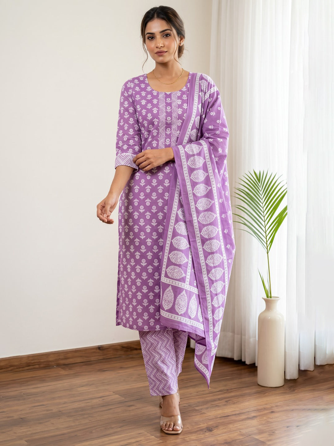 Purple Printed Cotton Blend Kurta With Pant &amp; Dupatta