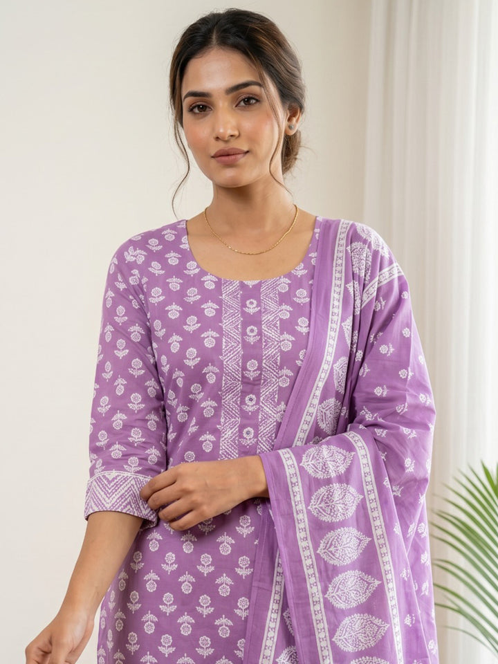Purple Printed Cotton Blend Kurta With Pant &amp; Dupatta