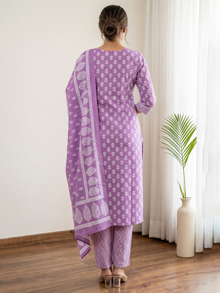 Purple Printed Cotton Blend Kurta With Pant &amp; Dupatta