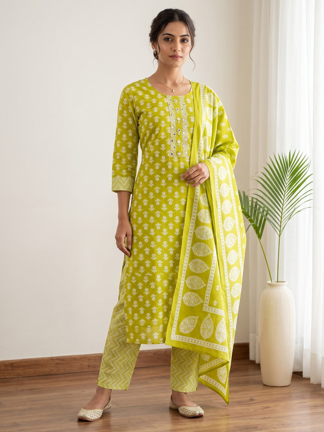 Yellow Printed Cotton Blend Kurta With Pant &amp; Dupatta