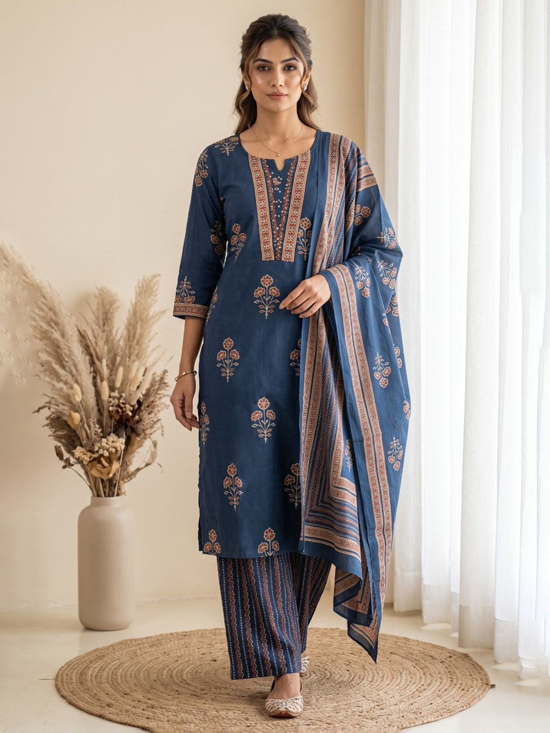 Blue Printed Cotton Blend Kurta With Pant &amp; Dupatta