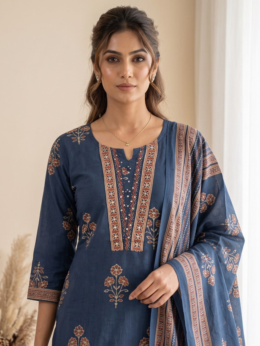 Blue Printed Cotton Blend Kurta With Pant &amp; Dupatta