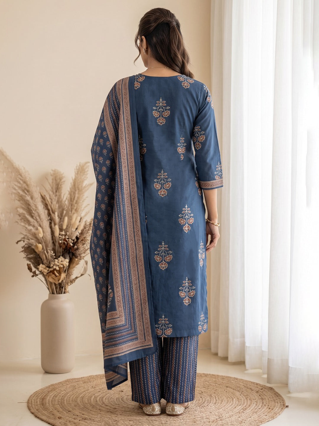 Blue Printed Cotton Blend Kurta With Pant &amp; Dupatta