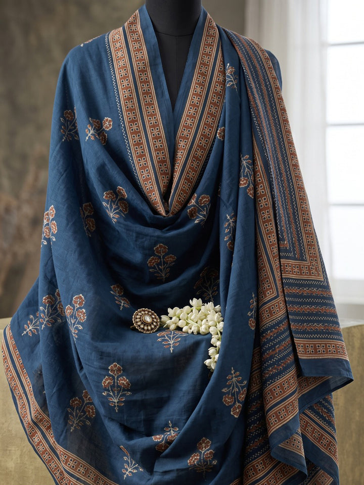 Blue Printed Cotton Blend Kurta With Pant &amp; Dupatta
