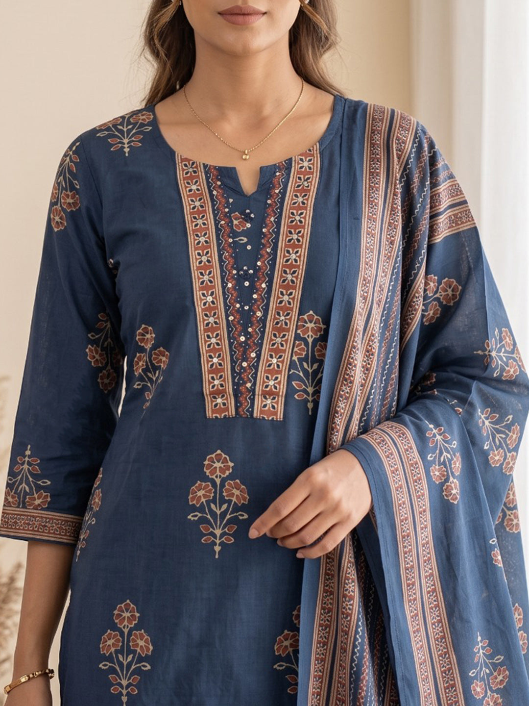 Blue Printed Cotton Blend Kurta With Pant &amp; Dupatta