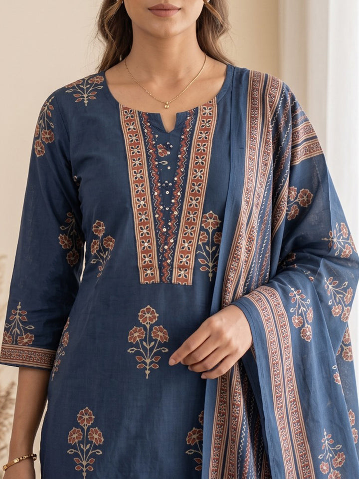 Blue Printed Cotton Blend Kurta With Pant &amp; Dupatta