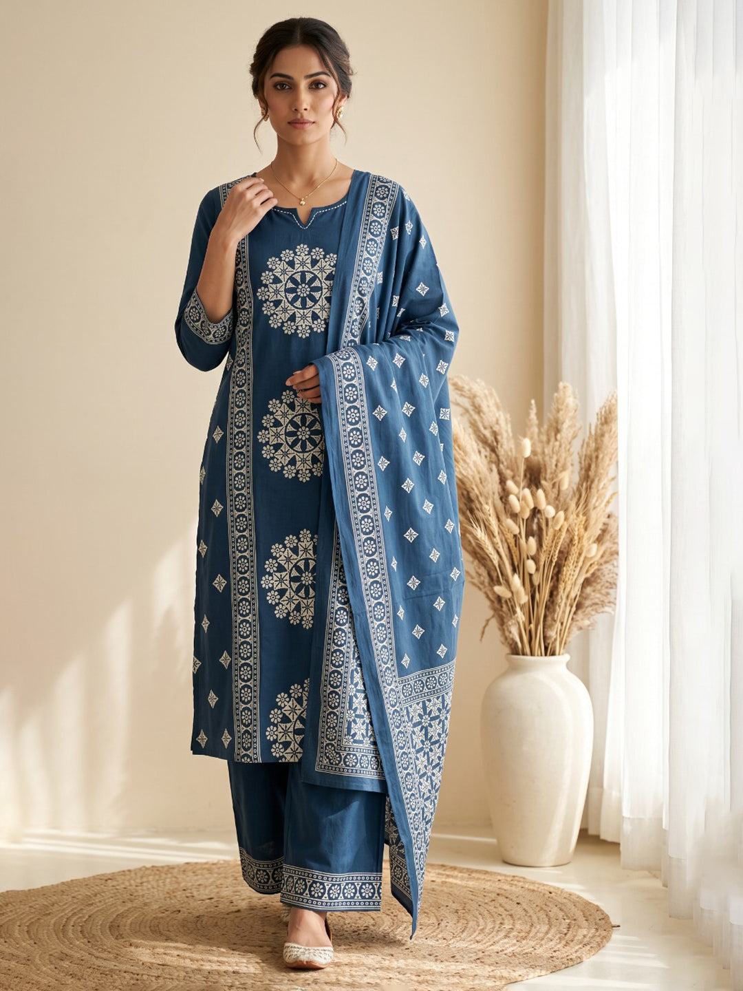 Blue Embroidery Cotton Blend Kurta With Pant &amp; Dupatta