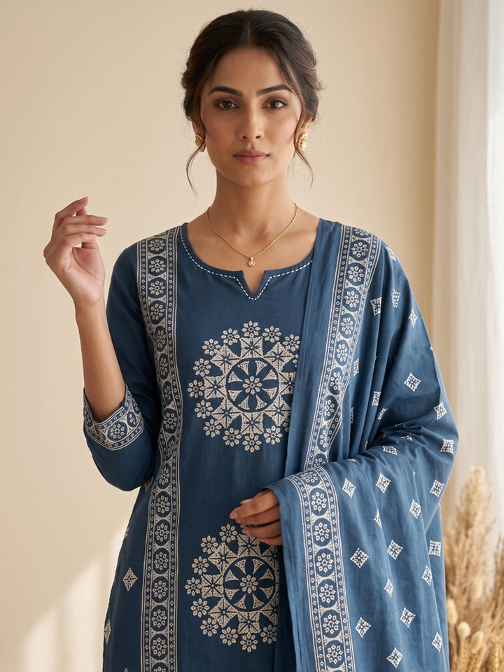 Blue Embroidery Cotton Blend Kurta With Pant &amp; Dupatta