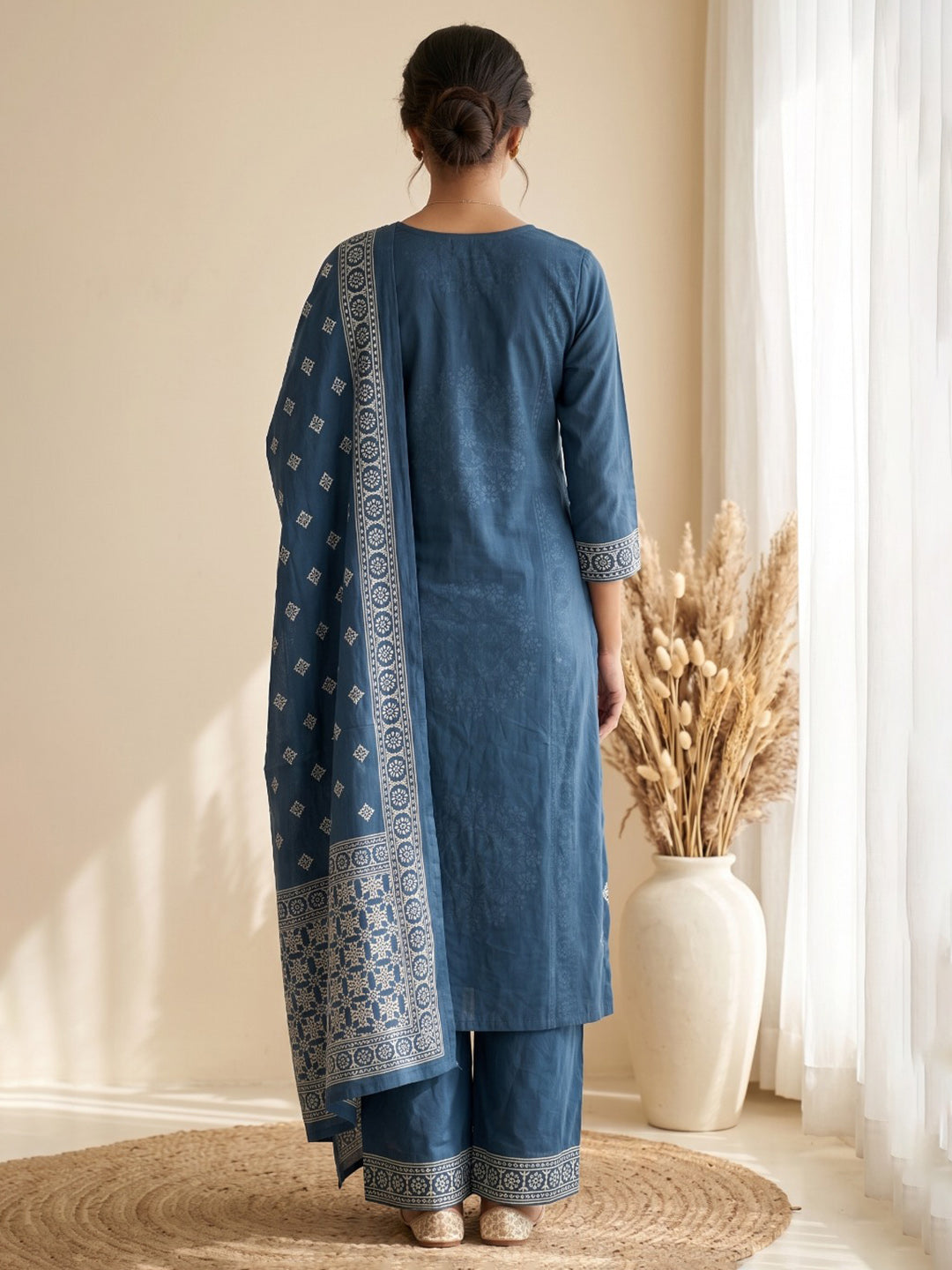 Blue Embroidery Cotton Blend Kurta With Pant &amp; Dupatta