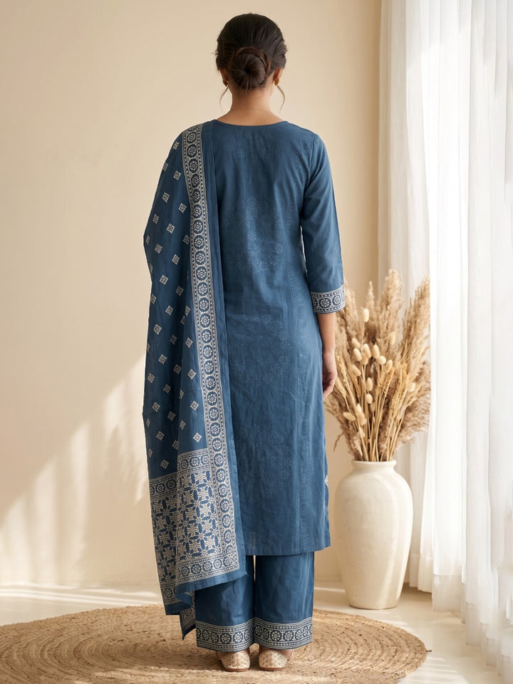 Blue Embroidery Cotton Blend Kurta With Pant &amp; Dupatta