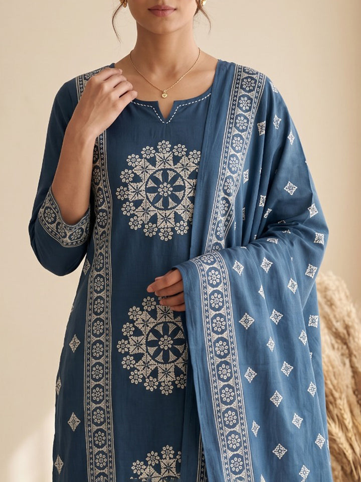 Blue Embroidery Cotton Blend Kurta With Pant &amp; Dupatta