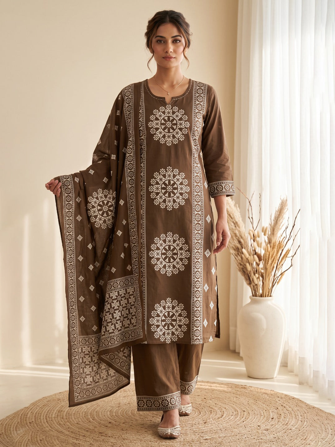 Brown Embroidery Cotton Blend Kurta With Pant &amp; Dupatta
