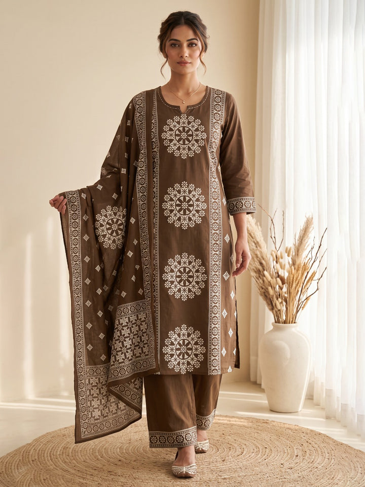 Brown Embroidery Cotton Blend Kurta With Pant &amp; Dupatta