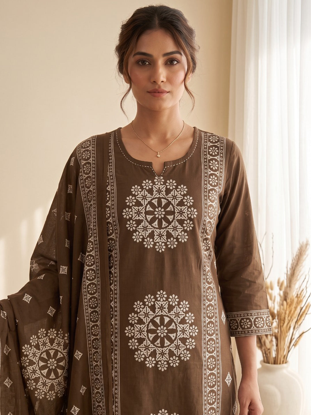 Brown Embroidery Cotton Blend Kurta With Pant &amp; Dupatta