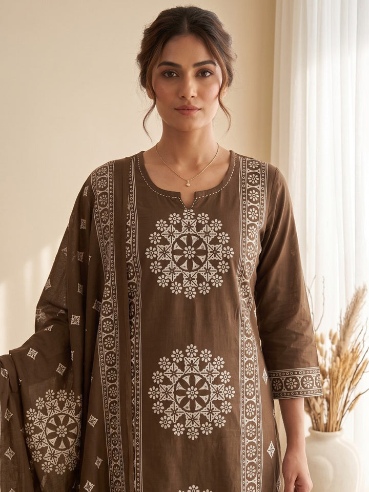 Brown Embroidery Cotton Blend Kurta With Pant &amp; Dupatta
