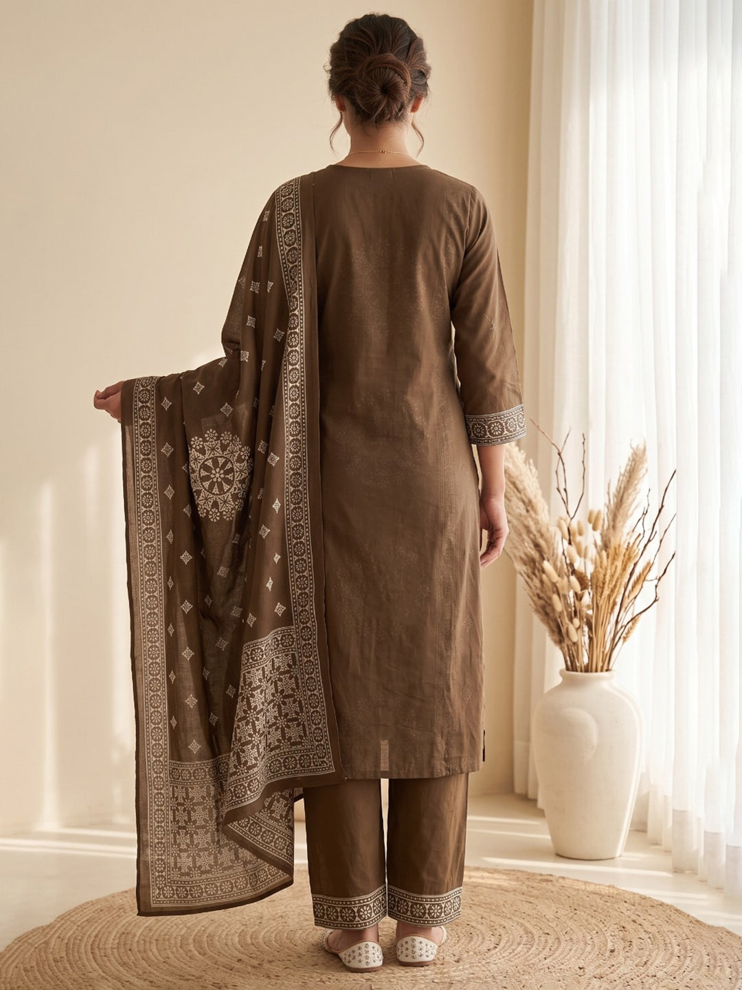 Brown Embroidery Cotton Blend Kurta With Pant &amp; Dupatta
