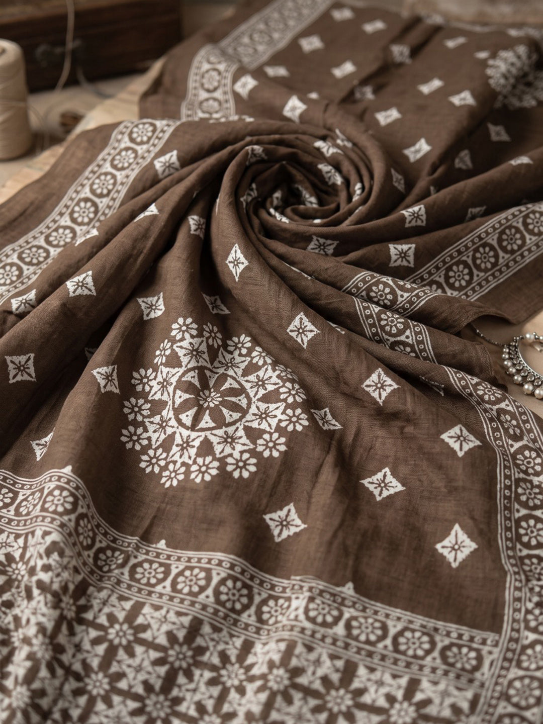 Brown Embroidery Cotton Blend Kurta With Pant &amp; Dupatta
