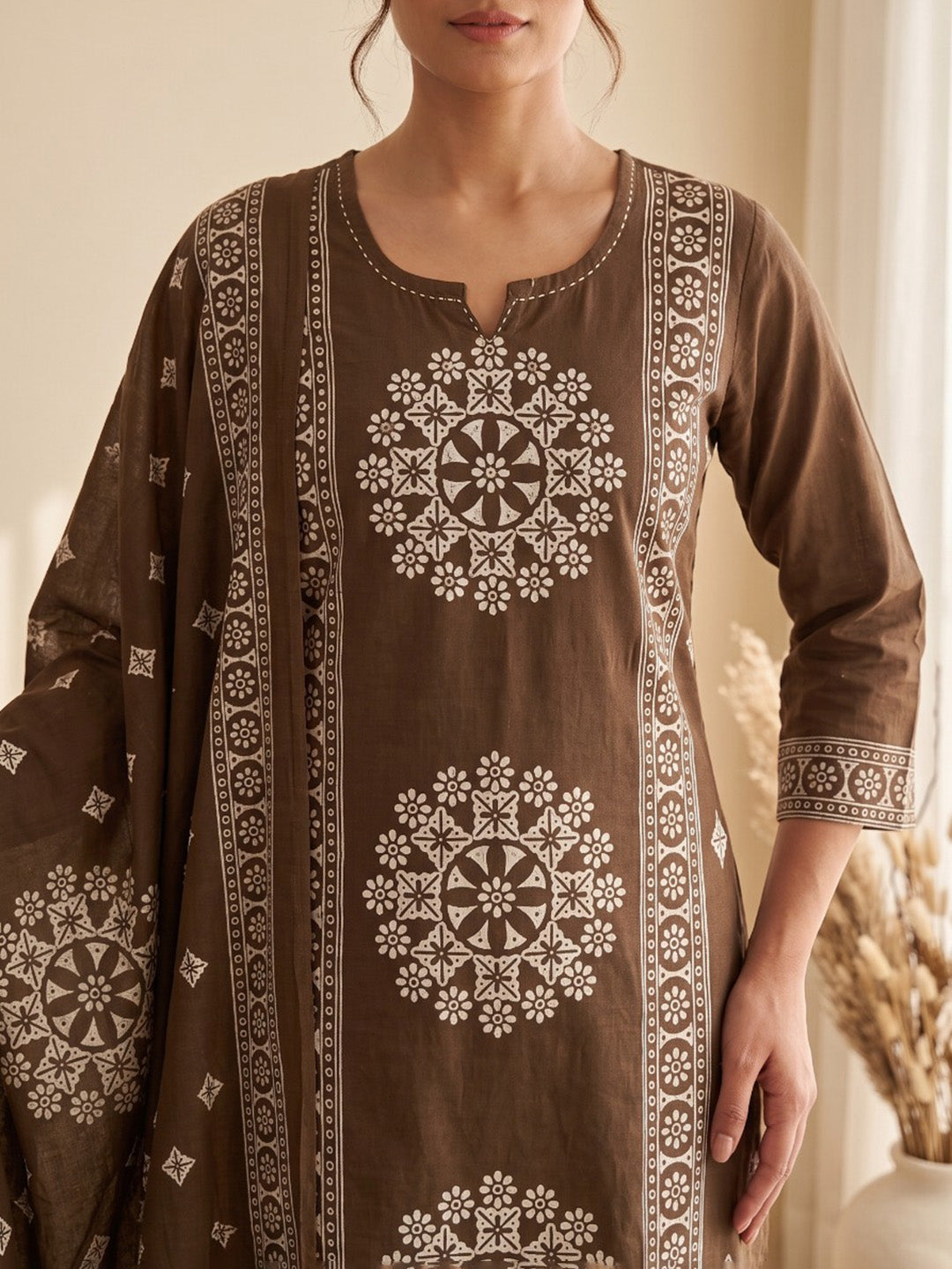 Brown Embroidery Cotton Blend Kurta With Pant &amp; Dupatta
