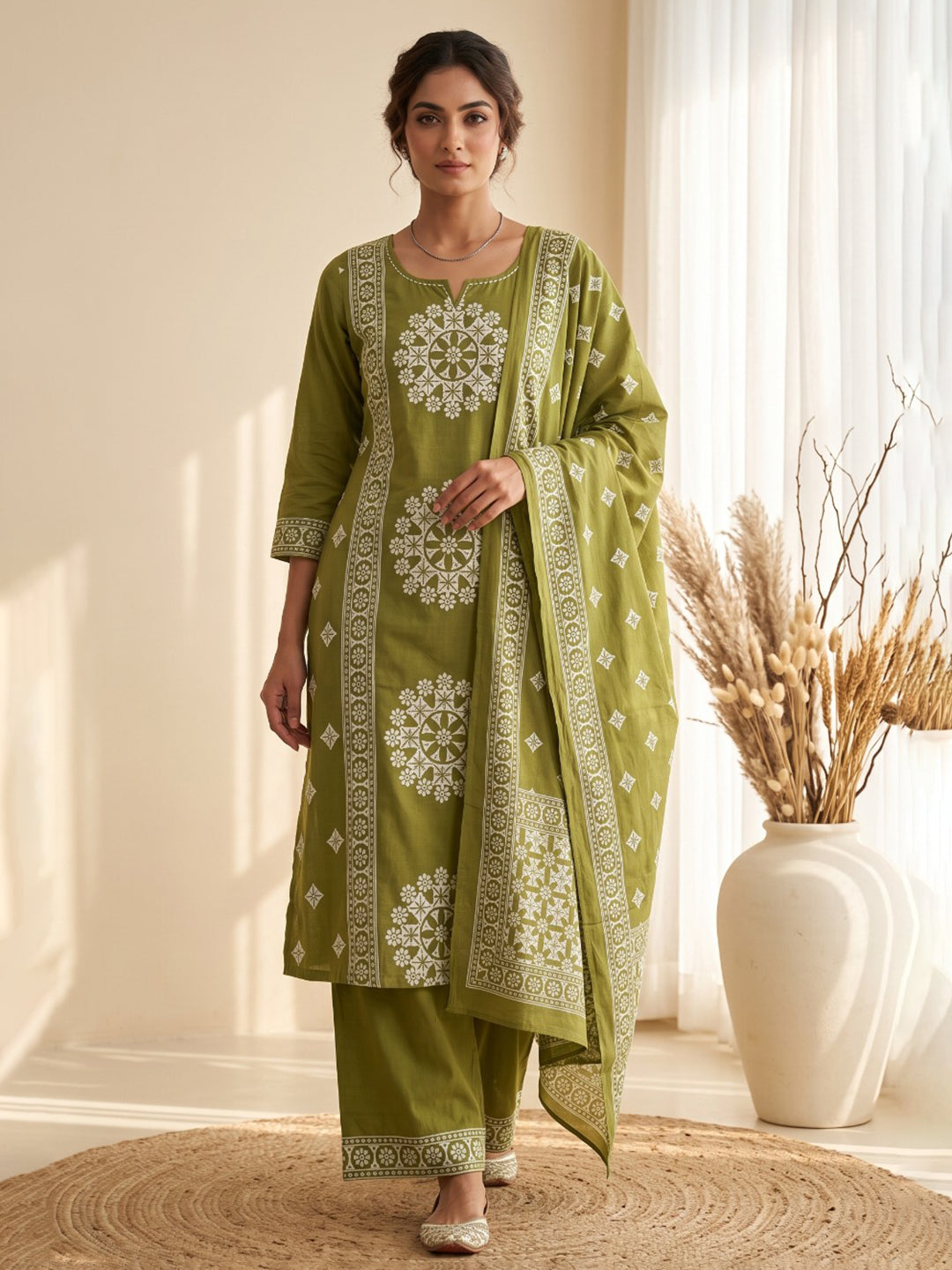 Green Embroidery Cotton Blend Kurta With Pant &amp; Dupatta