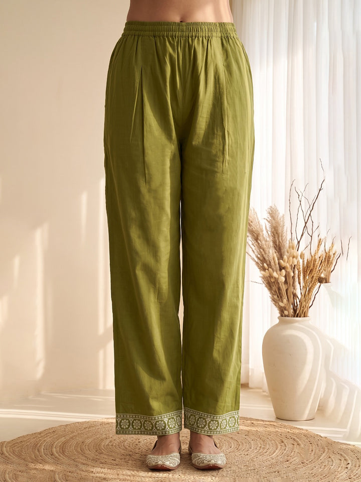 Green Embroidery Cotton Blend Kurta With Pant &amp; Dupatta