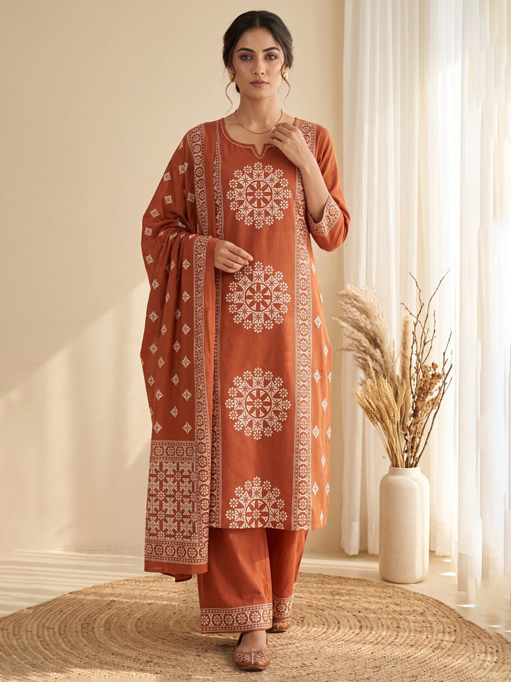 Rust Embroidery Cotton Blend Kurta With Pant &amp; Dupatta