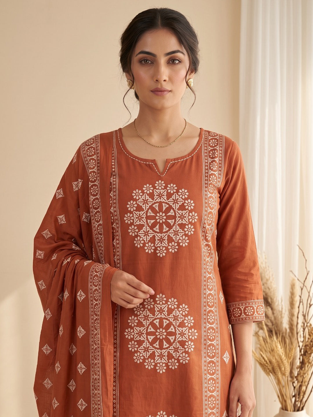 Rust Embroidery Cotton Blend Kurta With Pant &amp; Dupatta
