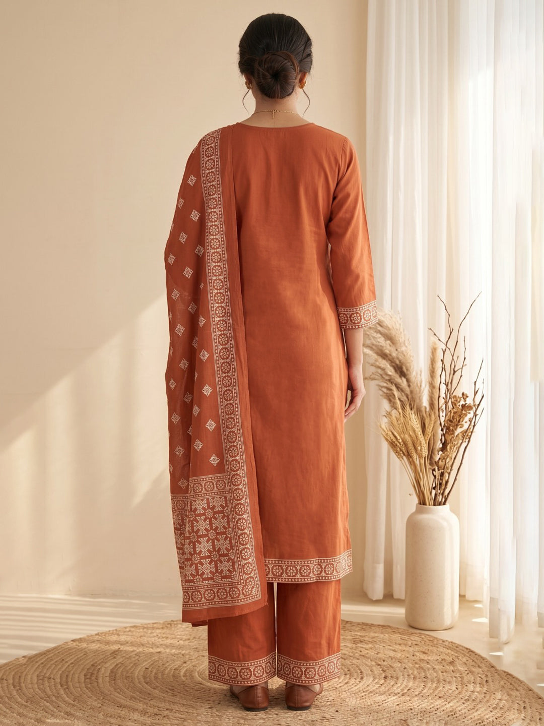 Rust Embroidery Cotton Blend Kurta With Pant &amp; Dupatta