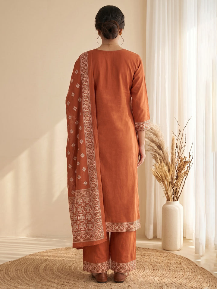 Rust Embroidery Cotton Blend Kurta With Pant &amp; Dupatta