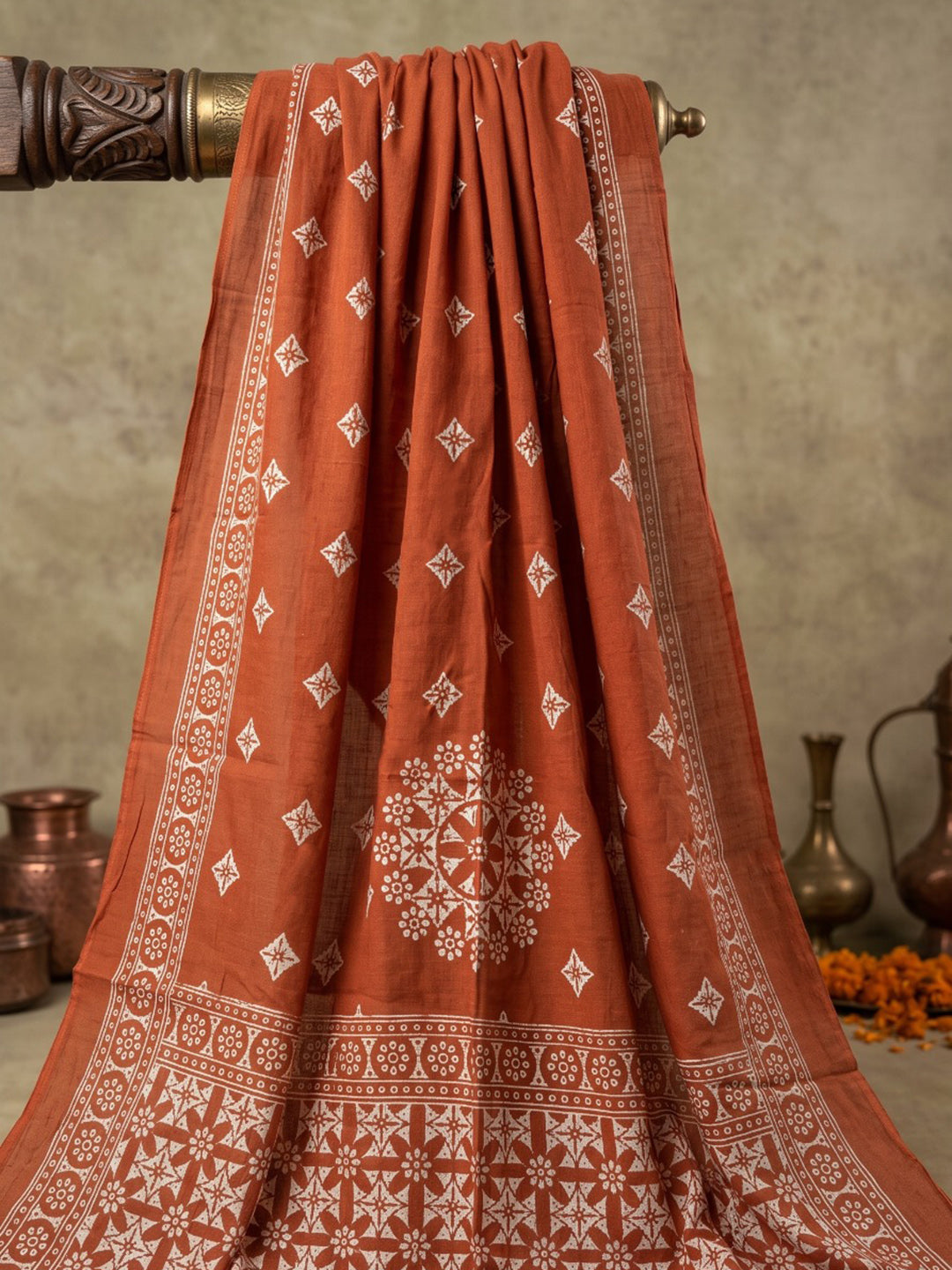 Rust Embroidery Cotton Blend Kurta With Pant &amp; Dupatta
