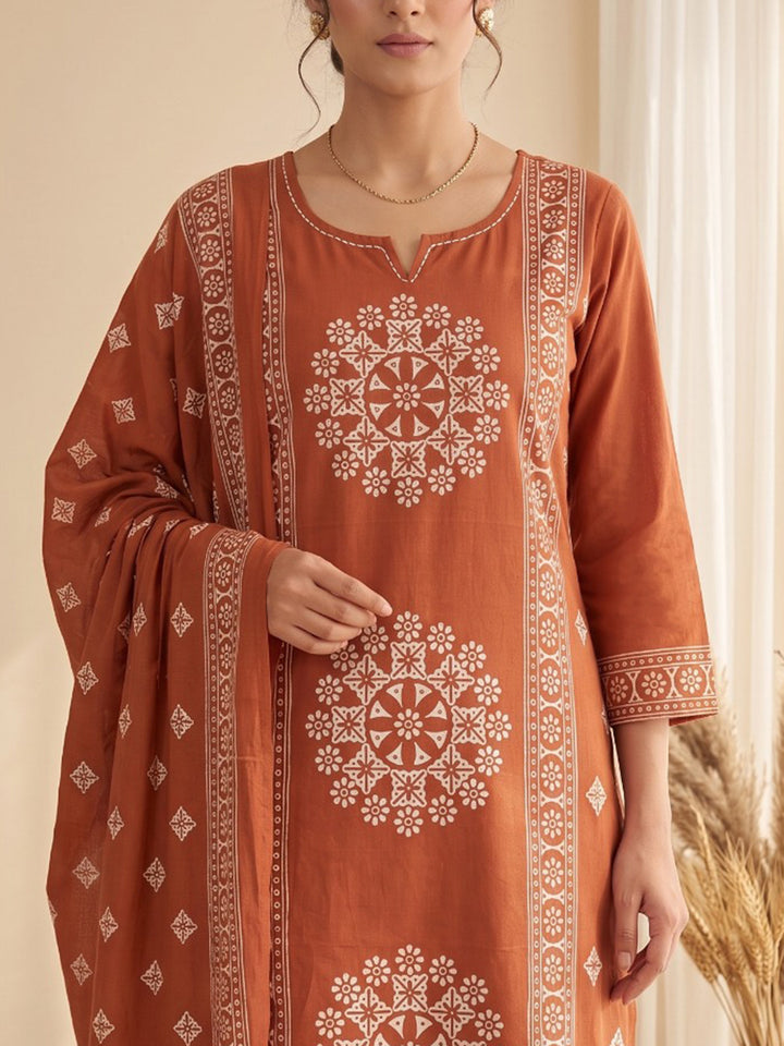 Rust Embroidery Cotton Blend Kurta With Pant &amp; Dupatta
