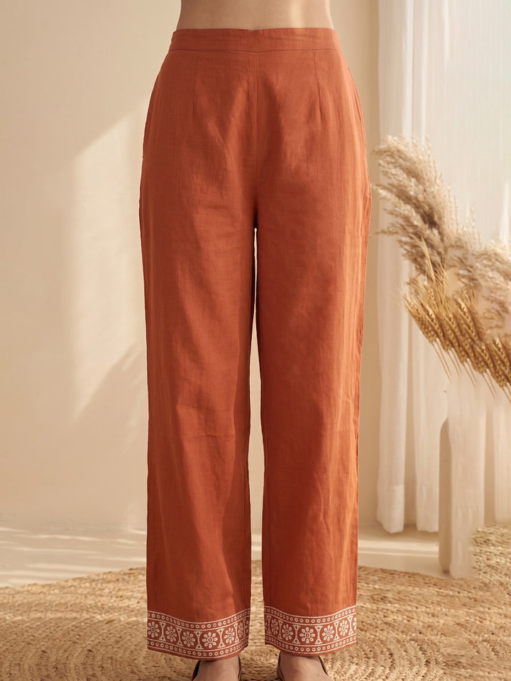 Rust Embroidery Cotton Blend Kurta With Pant &amp; Dupatta