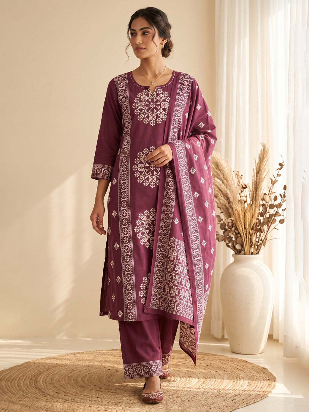Wine Embroidery Cotton Blend Kurta With Pant &amp; Dupatta
