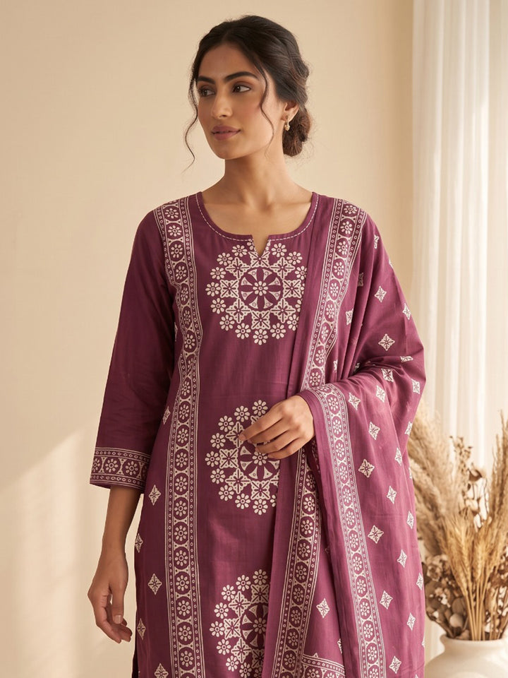 Wine Embroidery Cotton Blend Kurta With Pant &amp; Dupatta