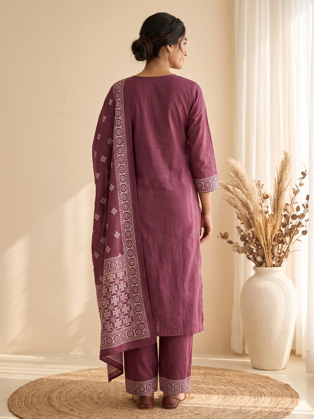 Wine Embroidery Cotton Blend Kurta With Pant &amp; Dupatta
