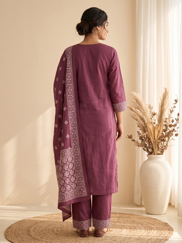 Wine Embroidery Cotton Blend Kurta With Pant &amp; Dupatta