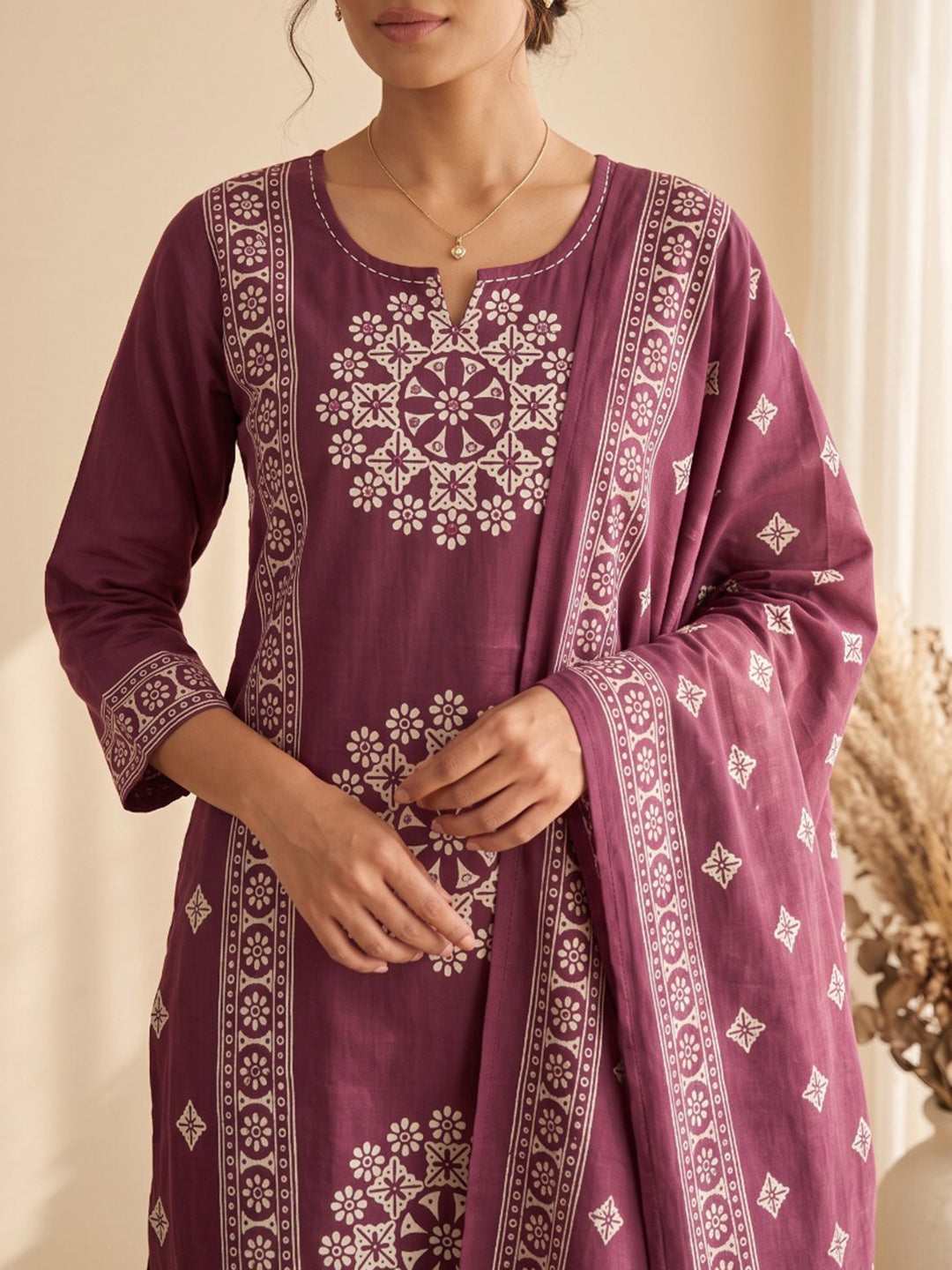 Wine Embroidery Cotton Blend Kurta With Pant &amp; Dupatta