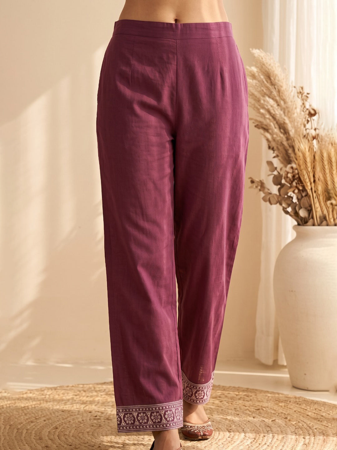 Wine Embroidery Cotton Blend Kurta With Pant &amp; Dupatta