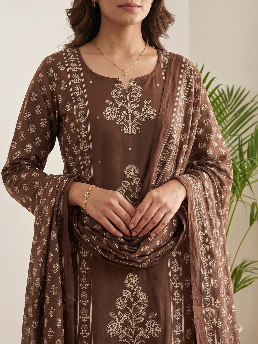 Brown Printed Cotton Blend Kurta With Pant &amp; Dupatta
