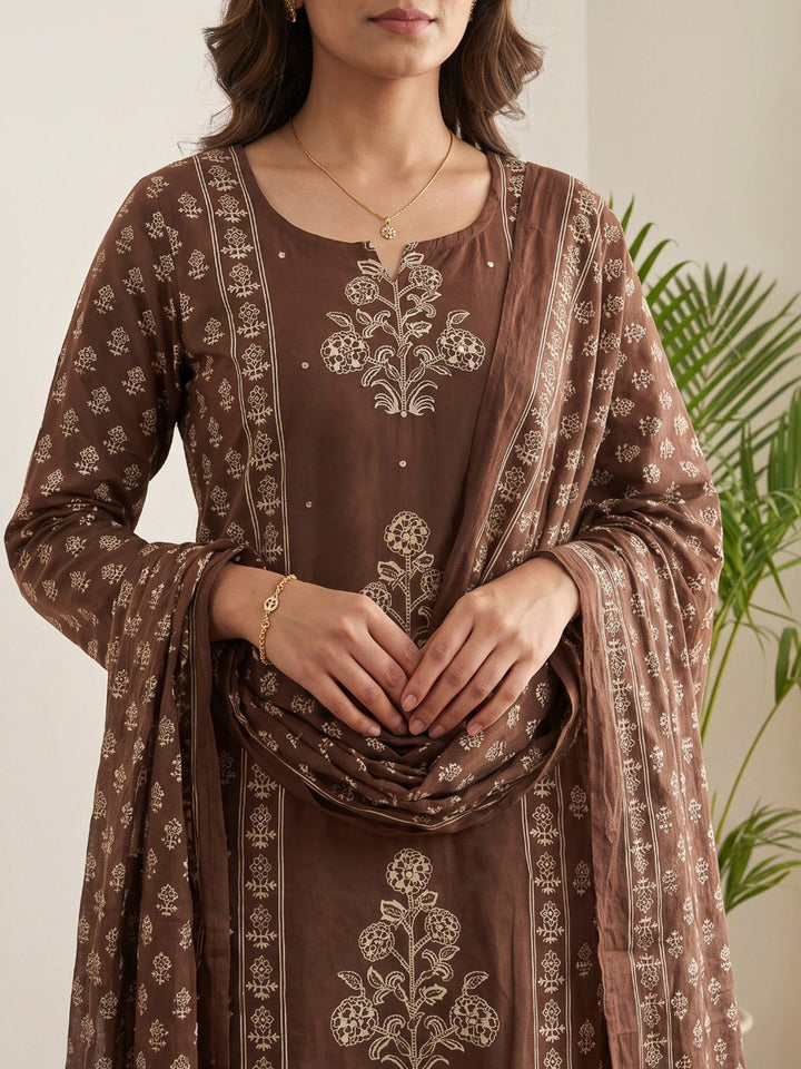 Brown Printed Cotton Blend Kurta With Pant &amp; Dupatta