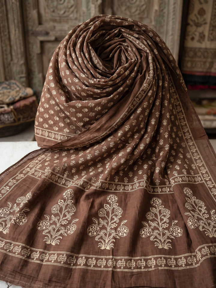 Brown Printed Cotton Blend Kurta With Pant &amp; Dupatta