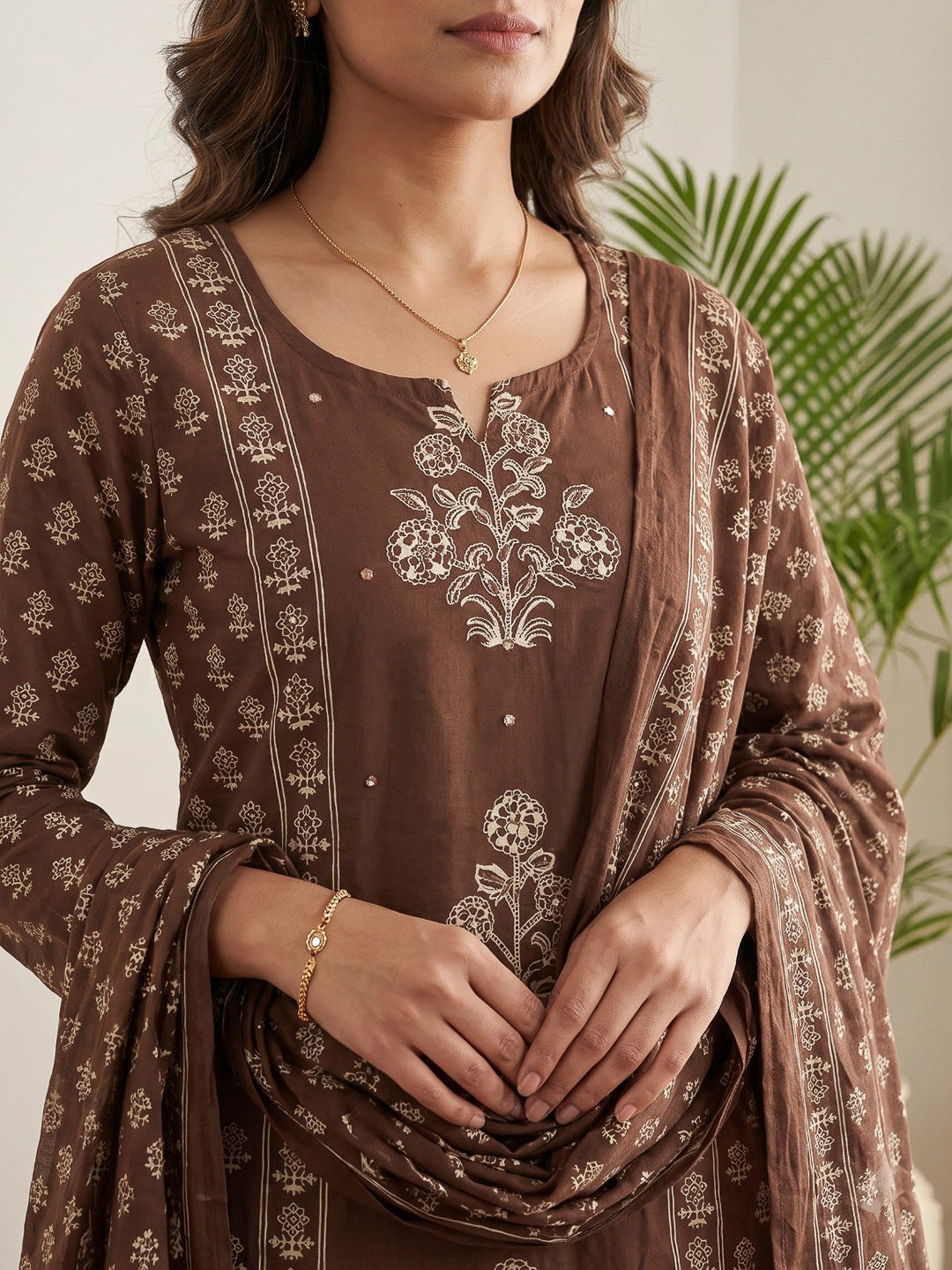 Brown Printed Cotton Blend Kurta With Pant &amp; Dupatta
